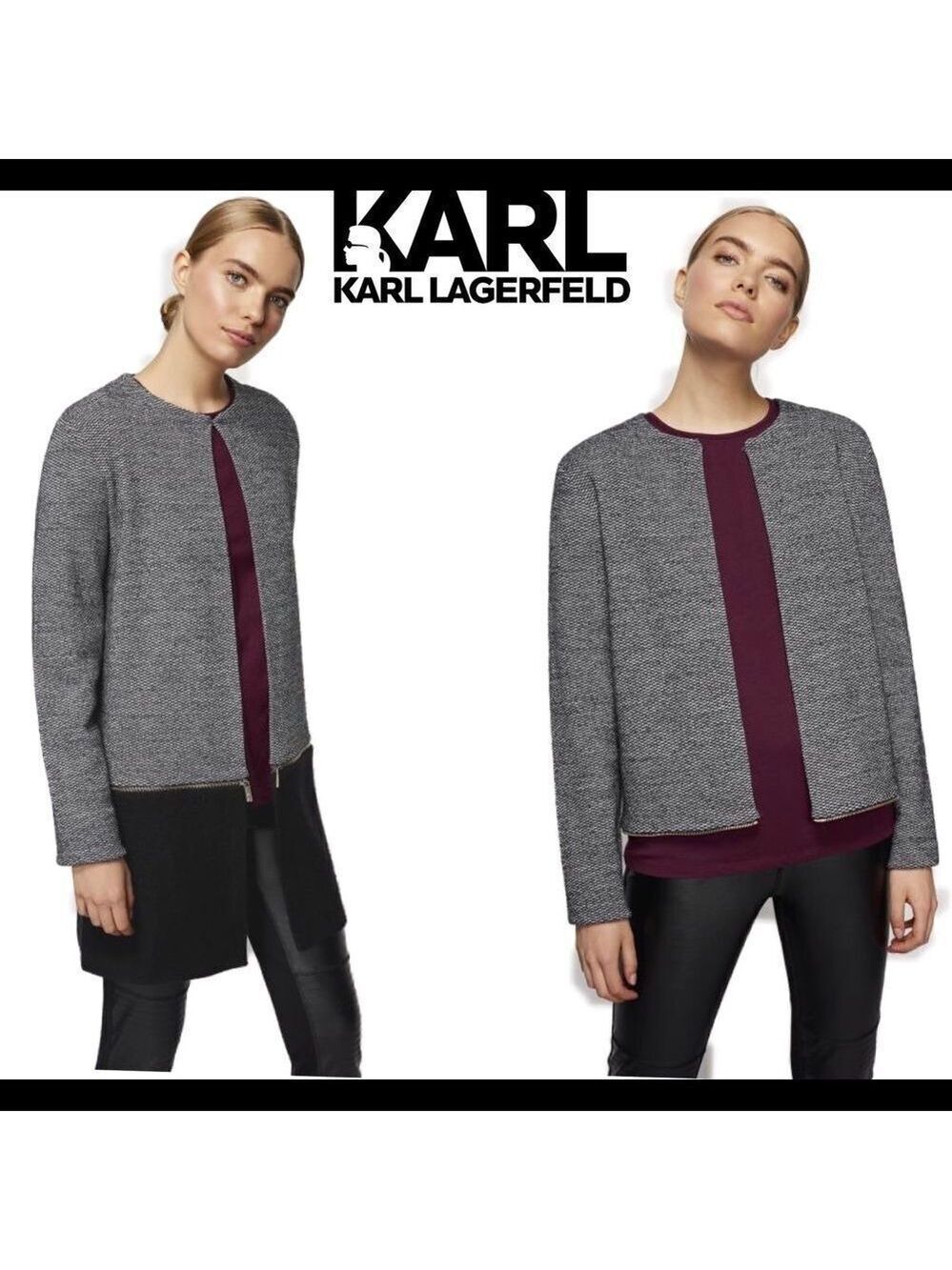 Karl LAGERFELD Grey Mixed Tweed Longline blazer Jacket coat Sz M